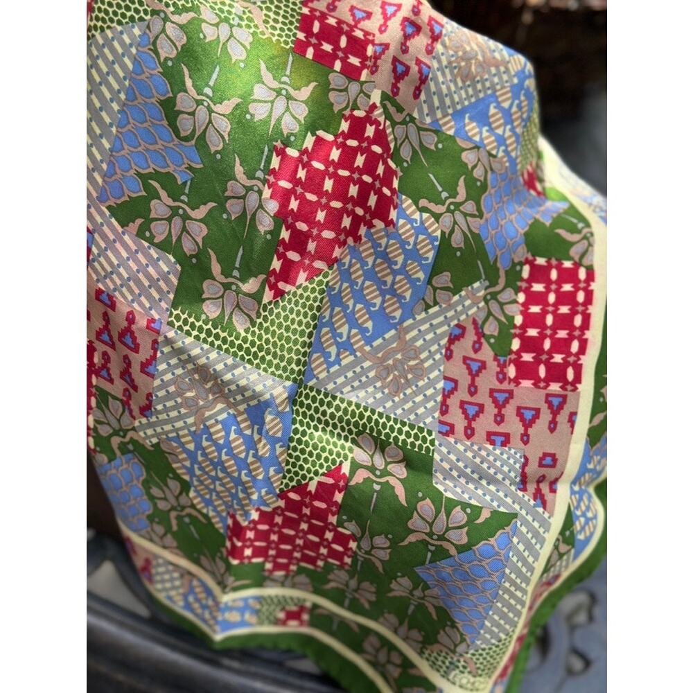 Echo 100% Silk Scarf 26 x 26 Patchwork Print Hand Rolled Edges
